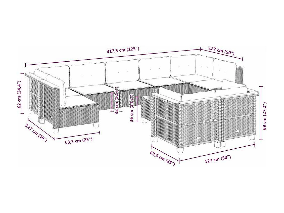 Salon de jardin avec coussins 10 pcs beige résine tressée