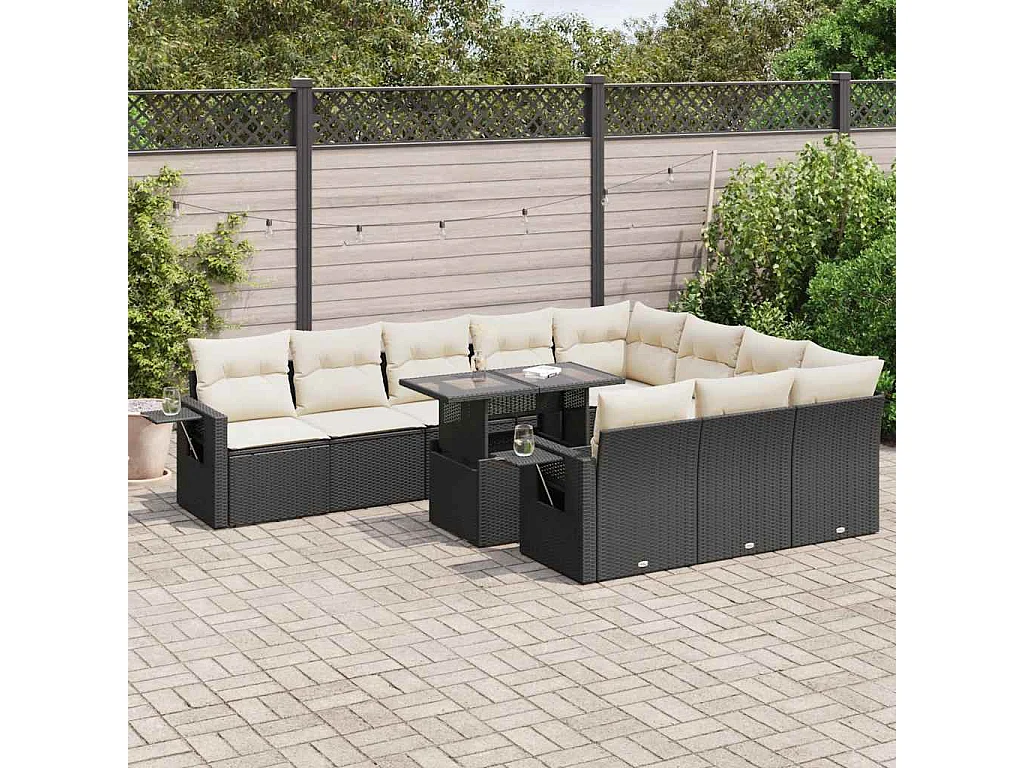 Salon de jardin 11 pcs avec coussins noir résine tressée