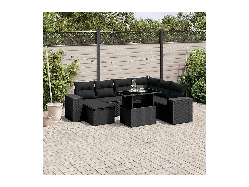 Salon de jardin 8 pcs avec coussins noir résine tressée