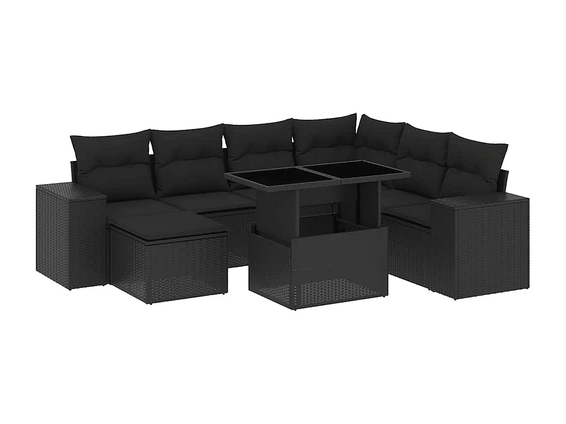 Salon de jardin 8 pcs avec coussins noir résine tressée