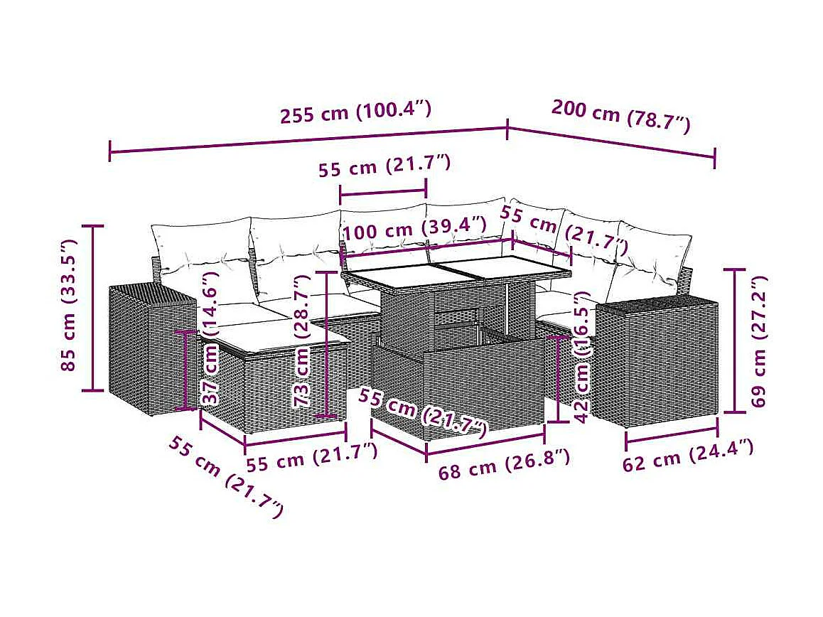 Salon de jardin 8 pcs avec coussins noir résine tressée