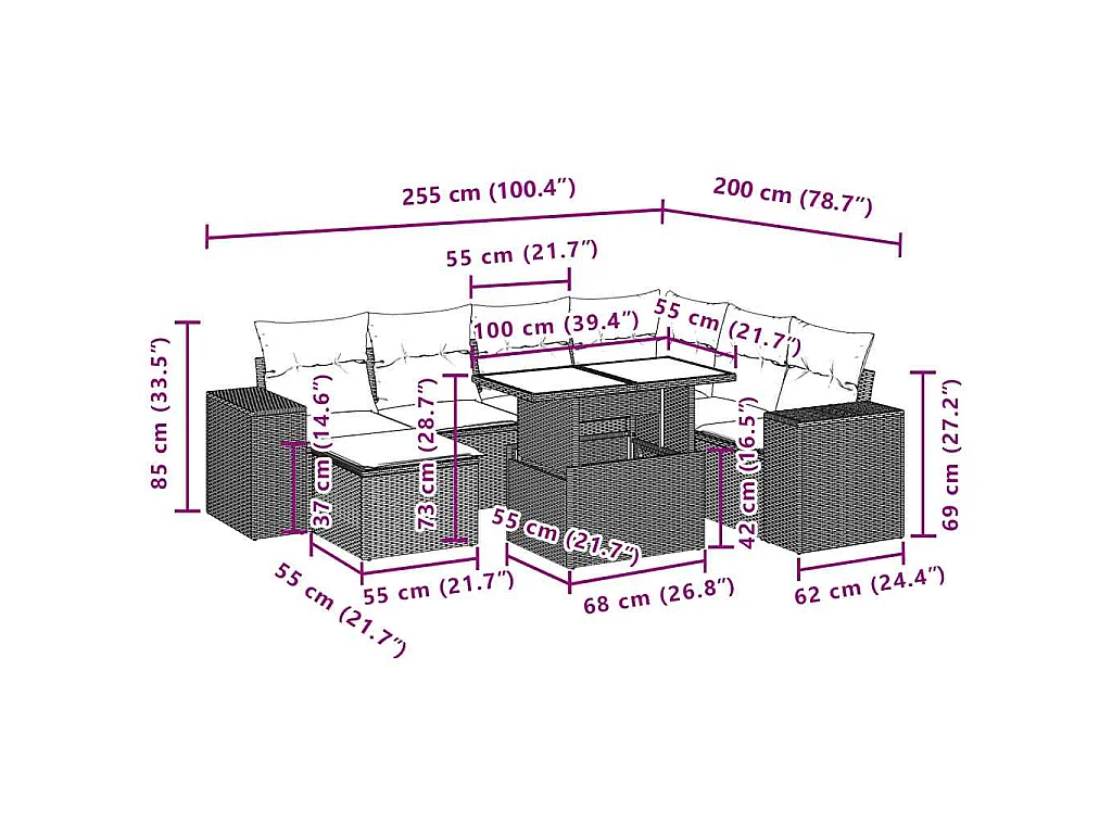 Set de sofás de jardín 8 piezas y cojines ratán sintético negro