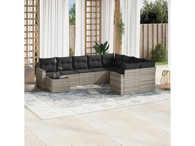 10-tlg. Garten-Sofagarnitur mit Kissen Hellgrau Poly Rattan