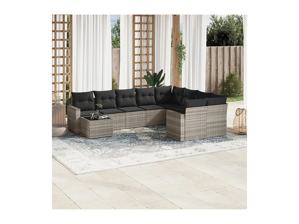 10-tlg. Garten-Sofagarnitur mit Kissen Hellgrau Poly Rattan