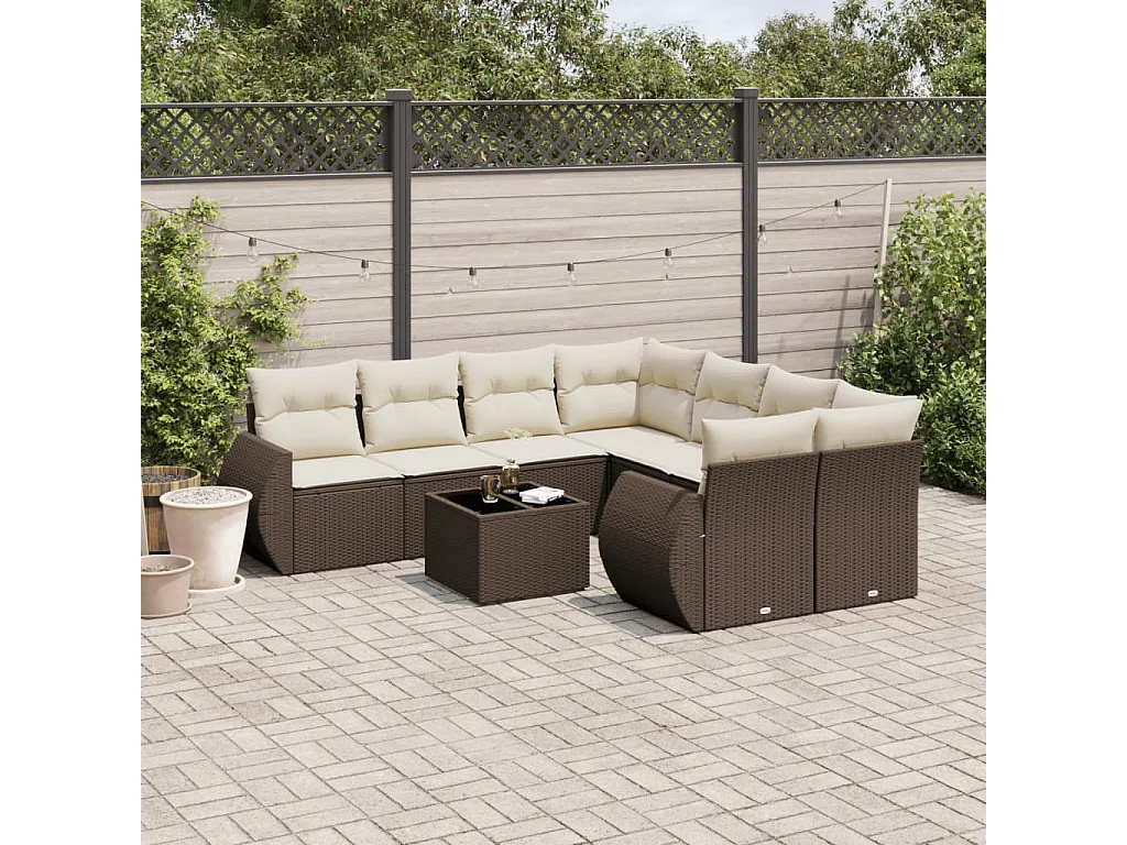 Salon de jardin avec coussins 9 pcs marron résine tressée