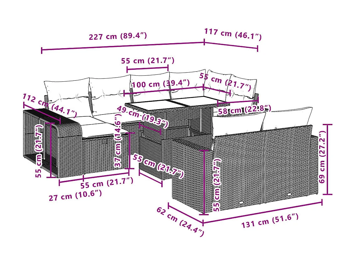 11 pcs conjunto sofás de jardim c/ almofadões vime PE bege