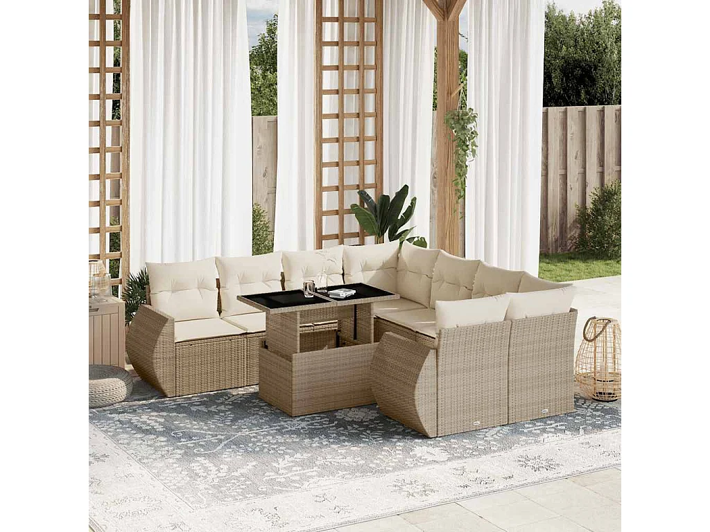 Salon de jardin avec coussins 9 pcs beige résine tressée