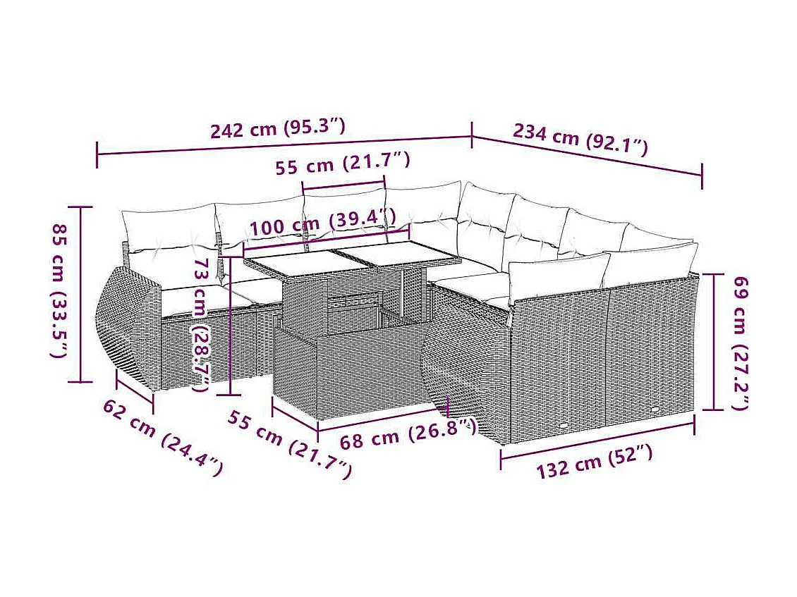 Salon de jardin avec coussins 9 pcs beige résine tressée