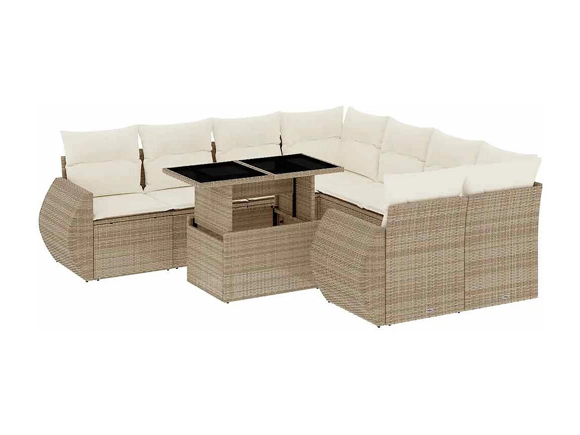 Set de sofás de jardín 9 pzas con cojines ratán sintético beige