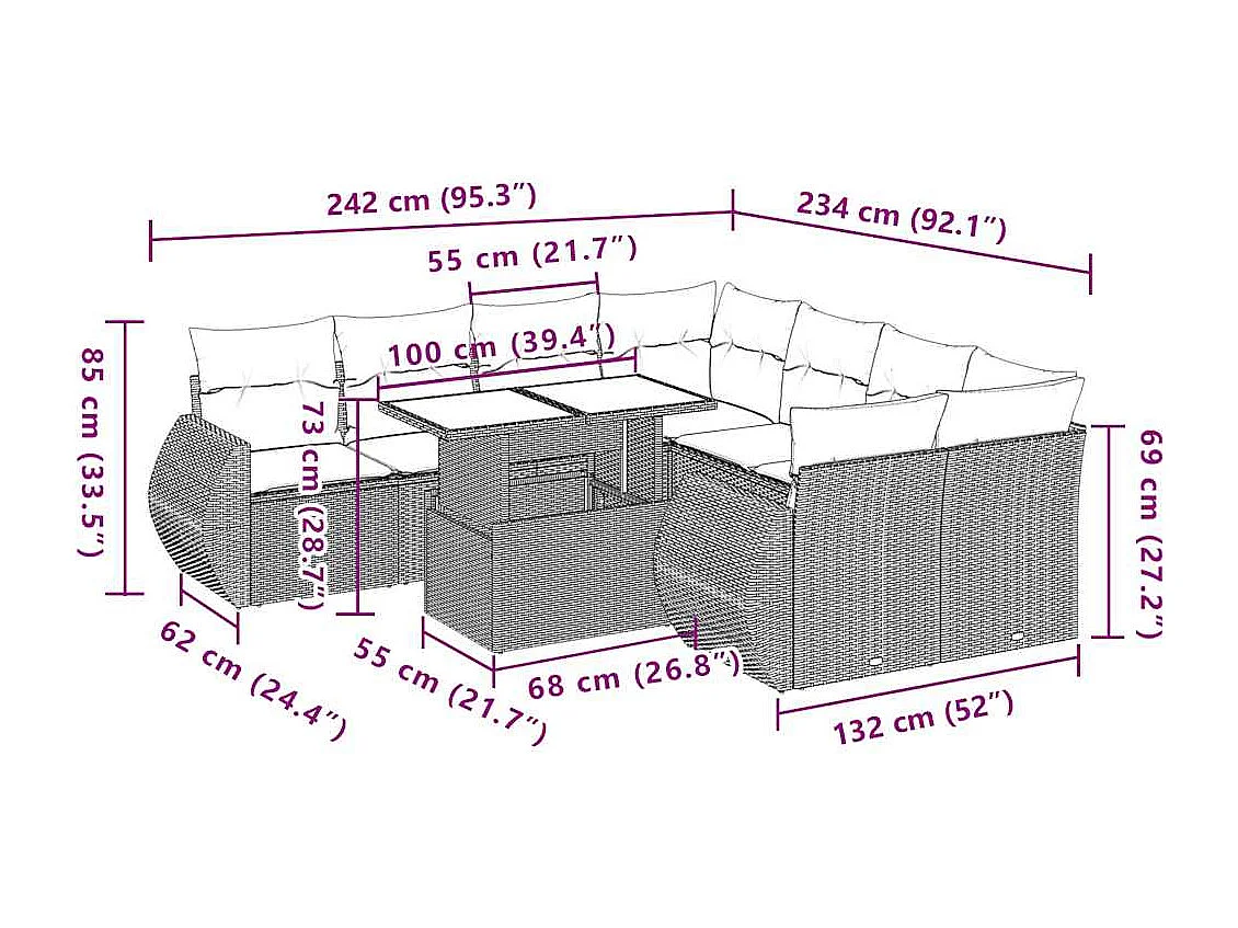 Set de sofás de jardín 9 pzas con cojines ratán sintético beige