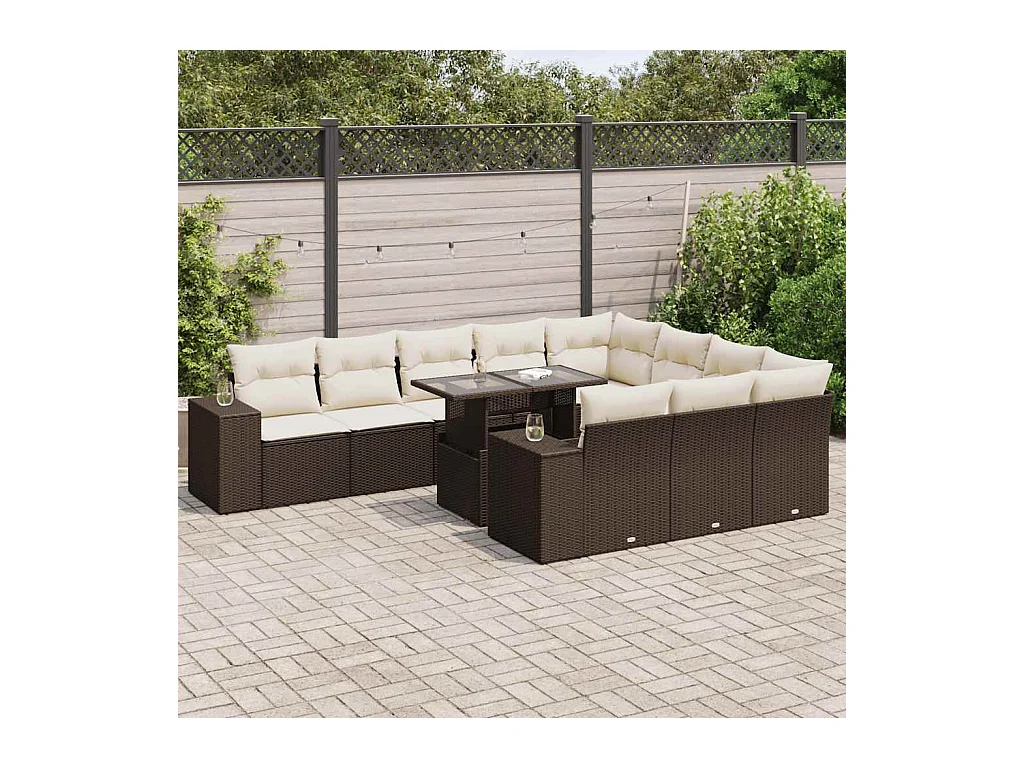 Salon de jardin et coussins 11 pcs marron résine tressée