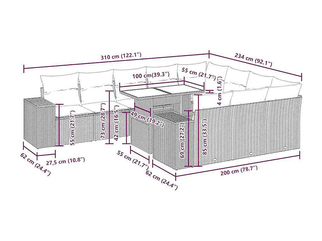 Salon de jardin et coussins 11 pcs marron résine tressée