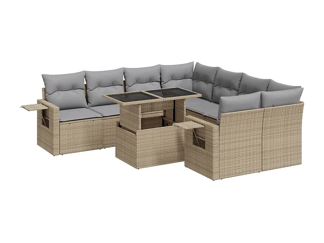 Salon de jardin avec coussins 9 pcs beige résine tressée