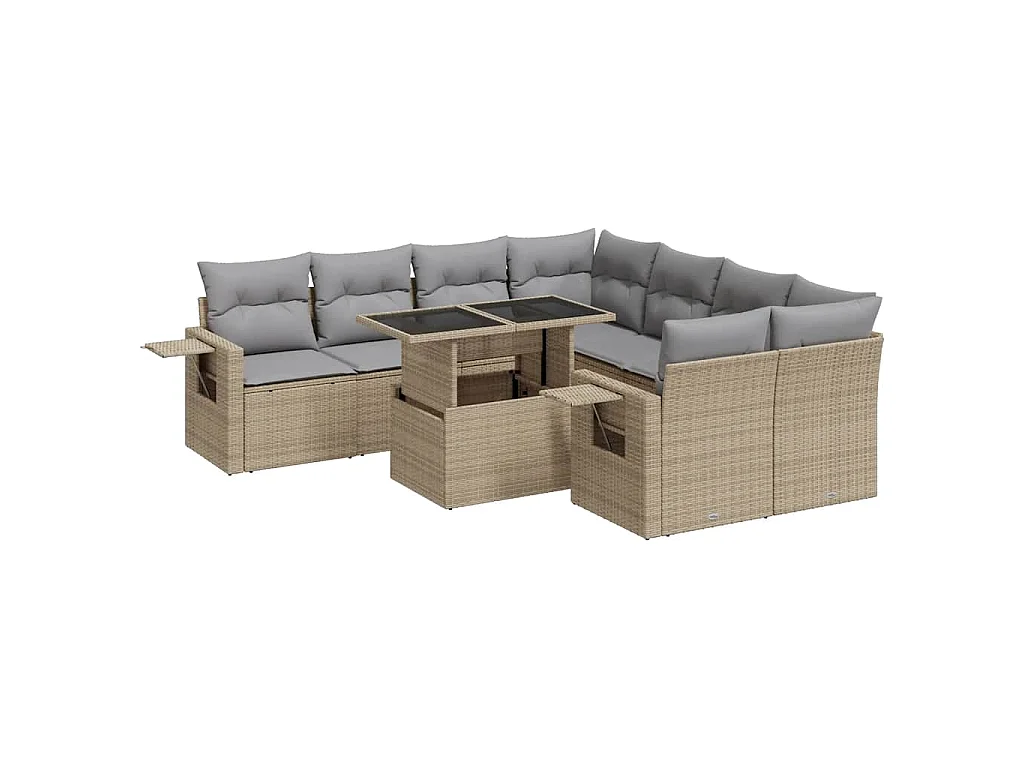 Set de sofás de jardín con cojines 9 pzas ratán sintético beige