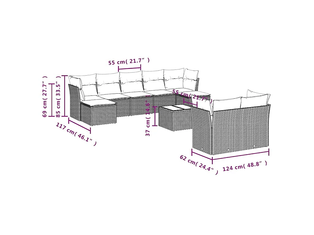 10-delige Loungeset met kussens poly rattan bruin