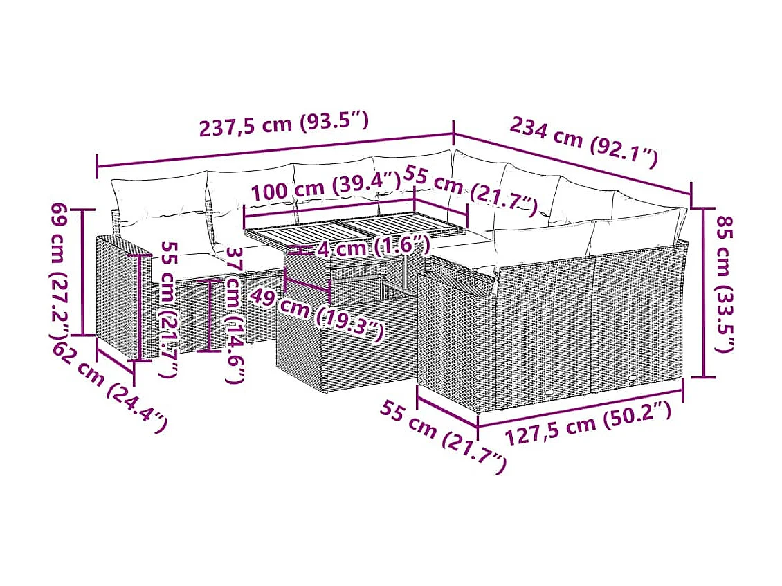 Salon de jardin avec coussins 9 pcs beige résine tressée