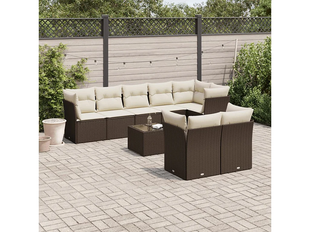 Salon de jardin avec coussins 9 pcs marron résine tressée