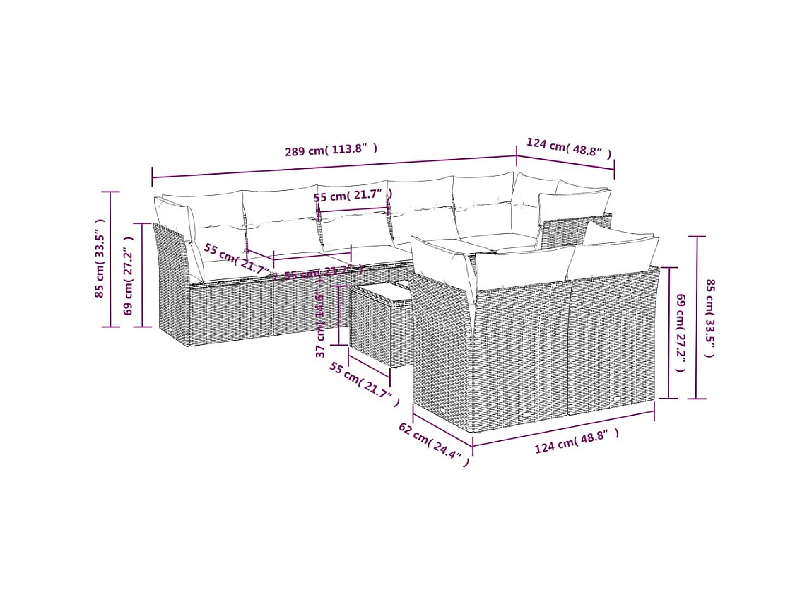 9-delige Loungeset met kussens poly rattan bruin