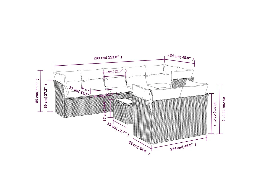 9-delige Loungeset met kussens poly rattan bruin