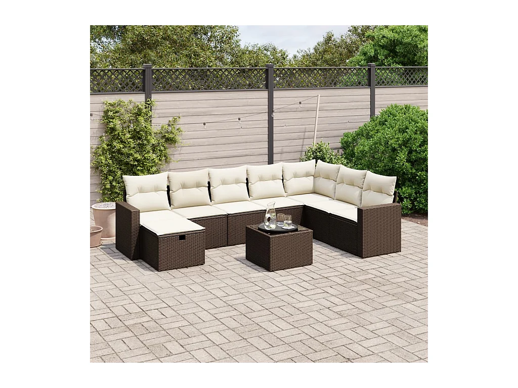 Salon de jardin avec coussins 9 pcs marron résine tressée
