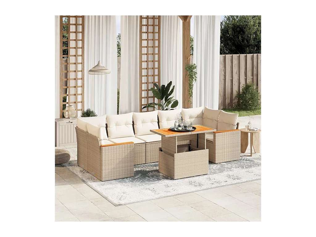Salon de jardin avec coussins 8 pcs beige résine tressée
