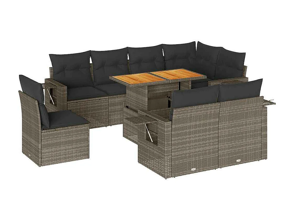 9-delige Loungeset met kussens poly rattan grijs