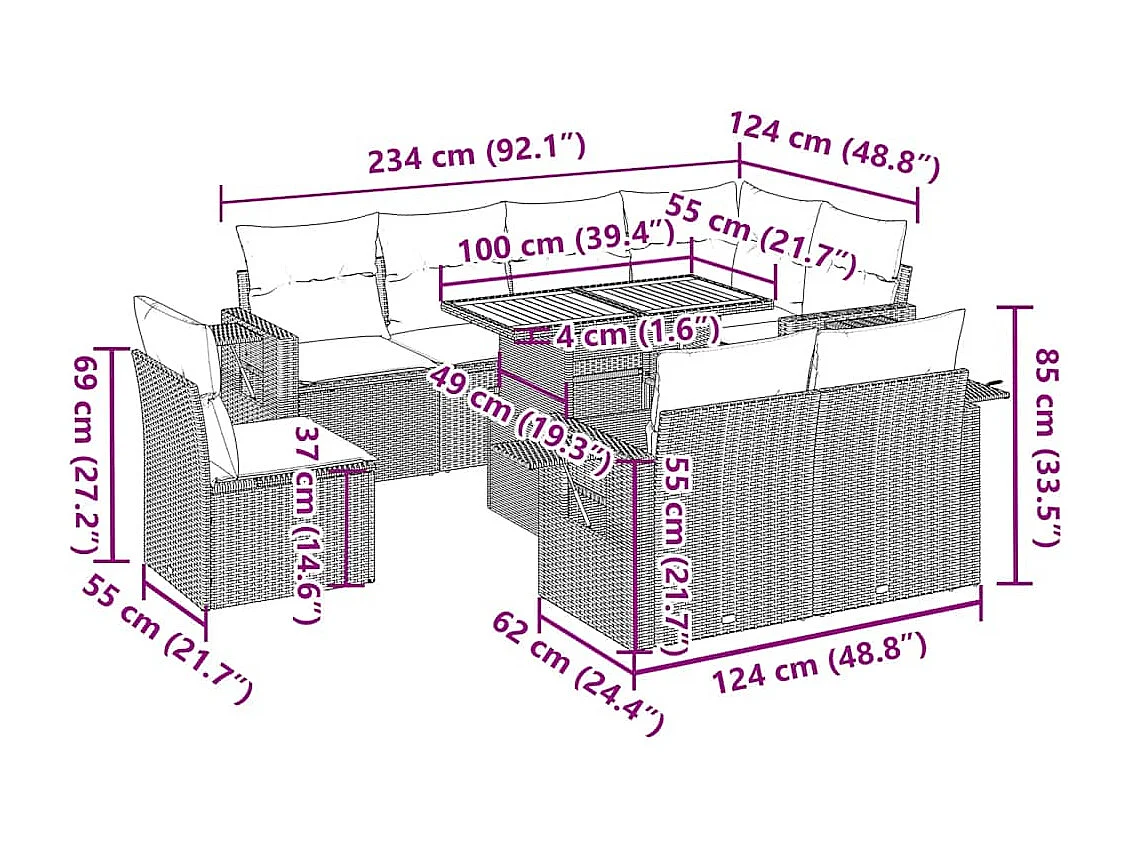 9-delige Loungeset met kussens poly rattan grijs