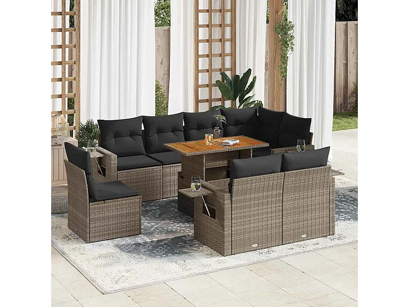 9 pcs conjunto sofás p/ jardim com almofadões vime PE cinzento