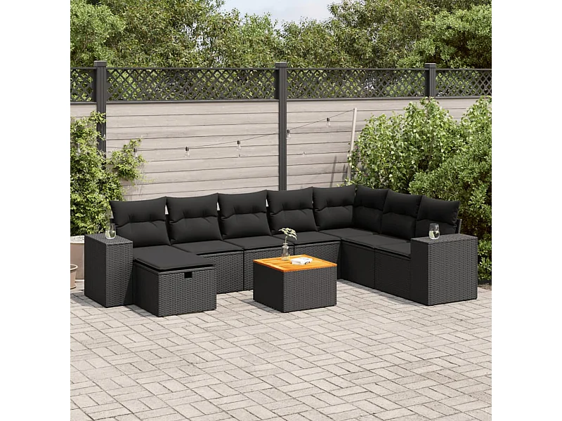 9-tlg. Garten-Sofagarnitur mit Kissen Schwarz Poly Rattan