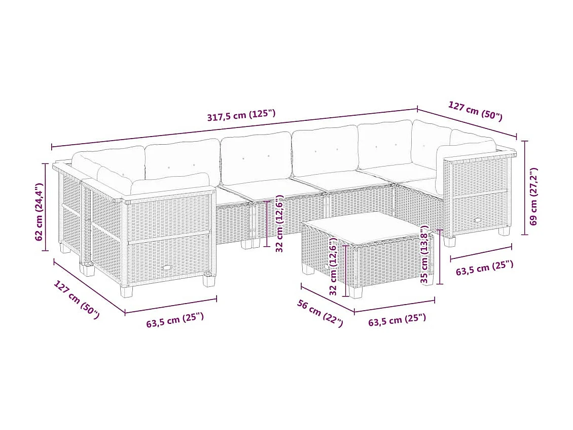 Salon de jardin avec coussins 8 pcs beige résine tressée