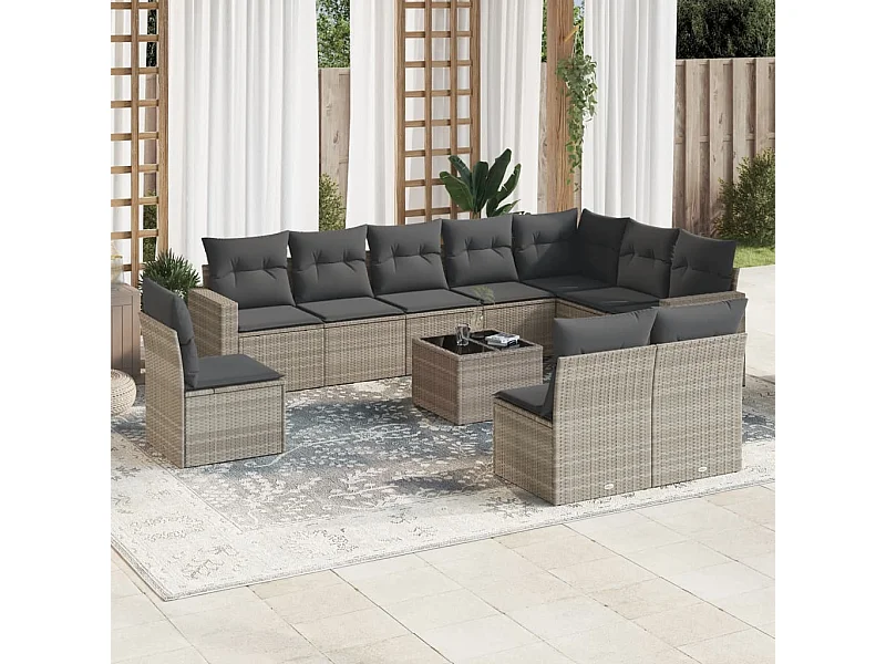 11-tlg. Garten-Sofagarnitur mit Kissen Hellgrau Poly Rattan