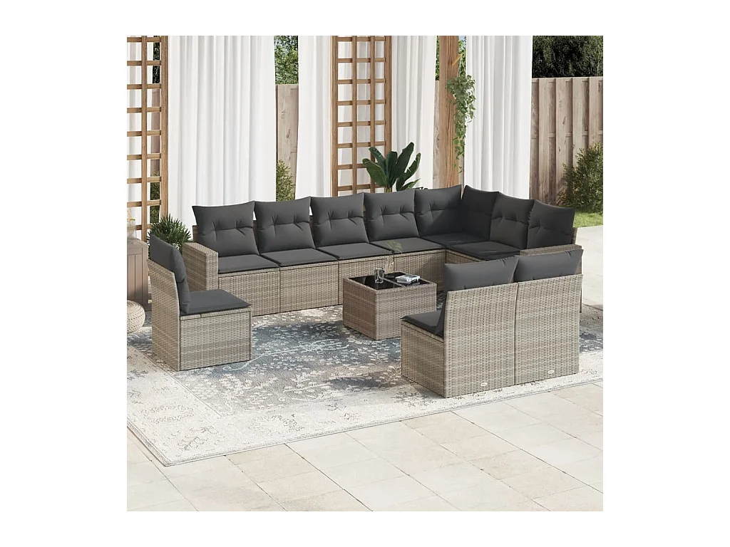 Set de sofás de jardín 11 pzas y cojines ratán sintético gris