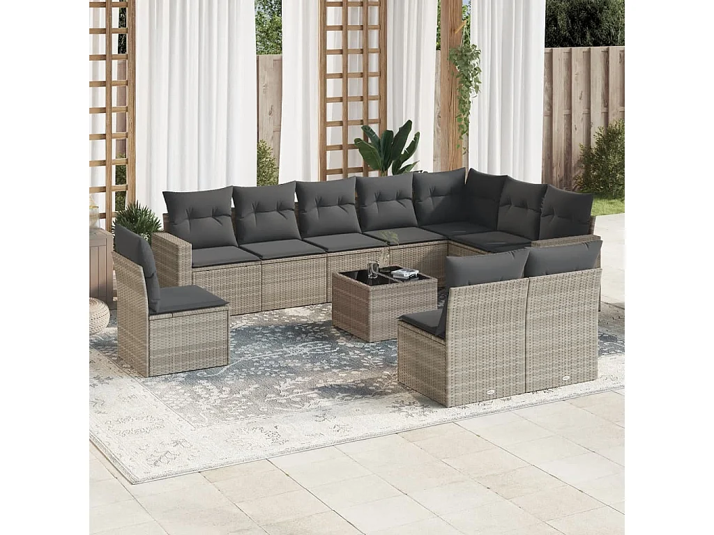 Salon de jardin 11 pcs avec coussins gris clair résine tressée