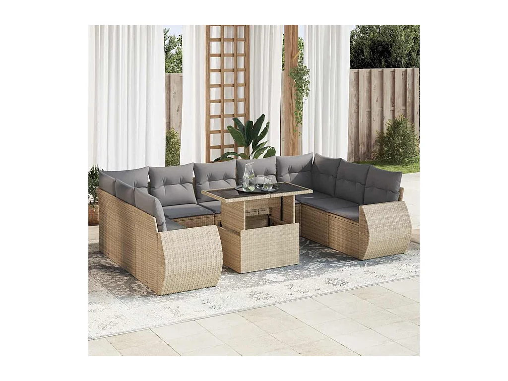 Salon de jardin avec coussins 10 pcs beige résine tressée