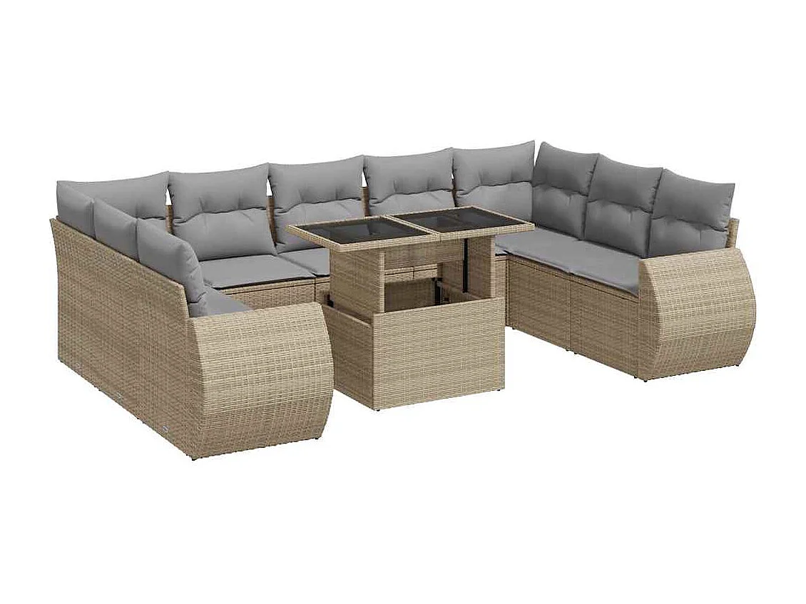 10-delige Loungeset met kussens poly rattan beige