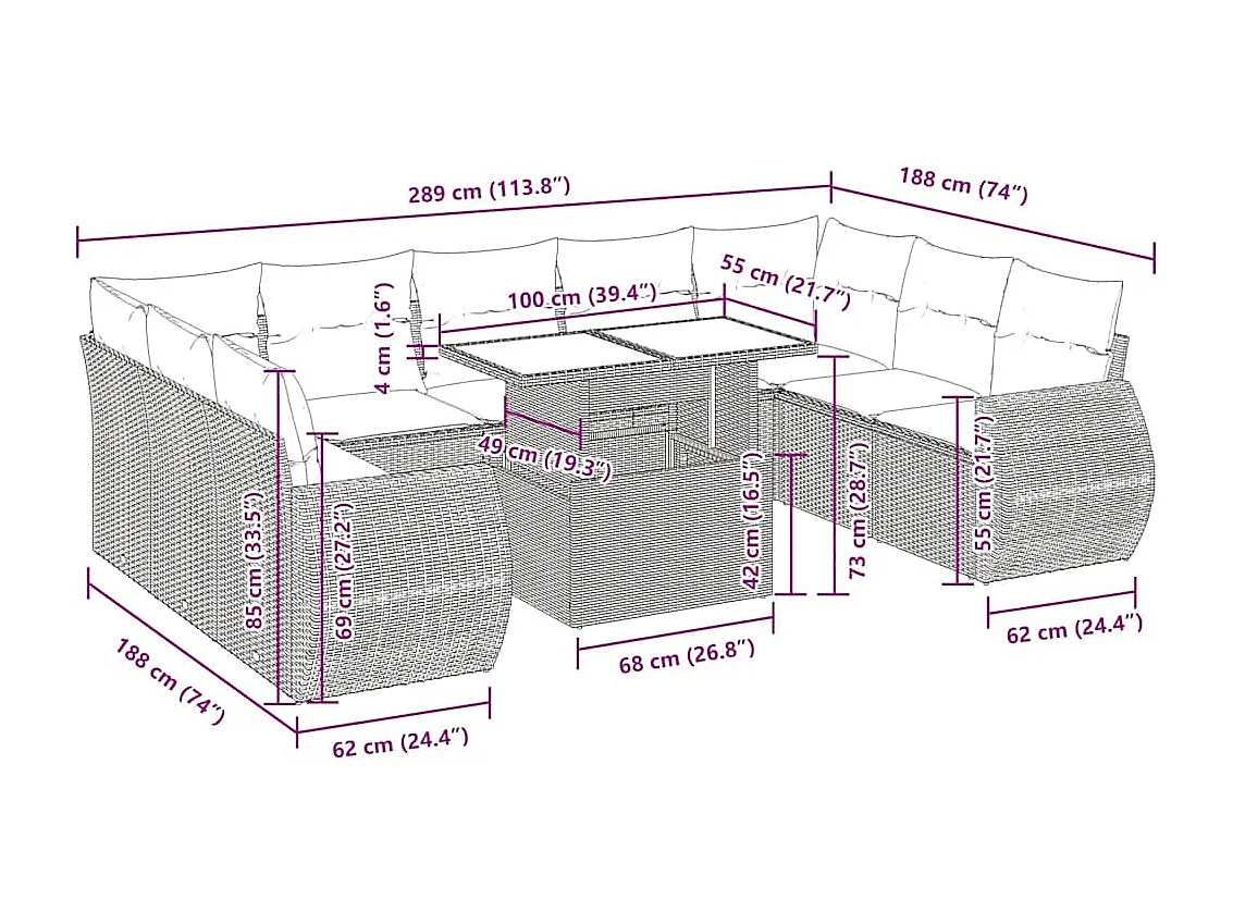 10-delige Loungeset met kussens poly rattan beige