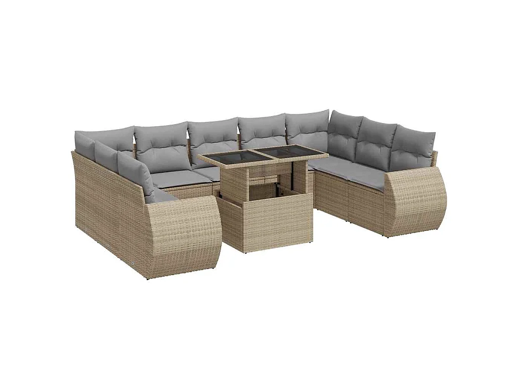 10-delige Loungeset met kussens poly rattan beige