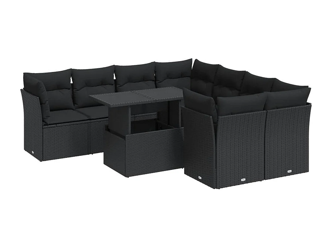 Salon de jardin 9 pcs avec coussins noir résine tressée