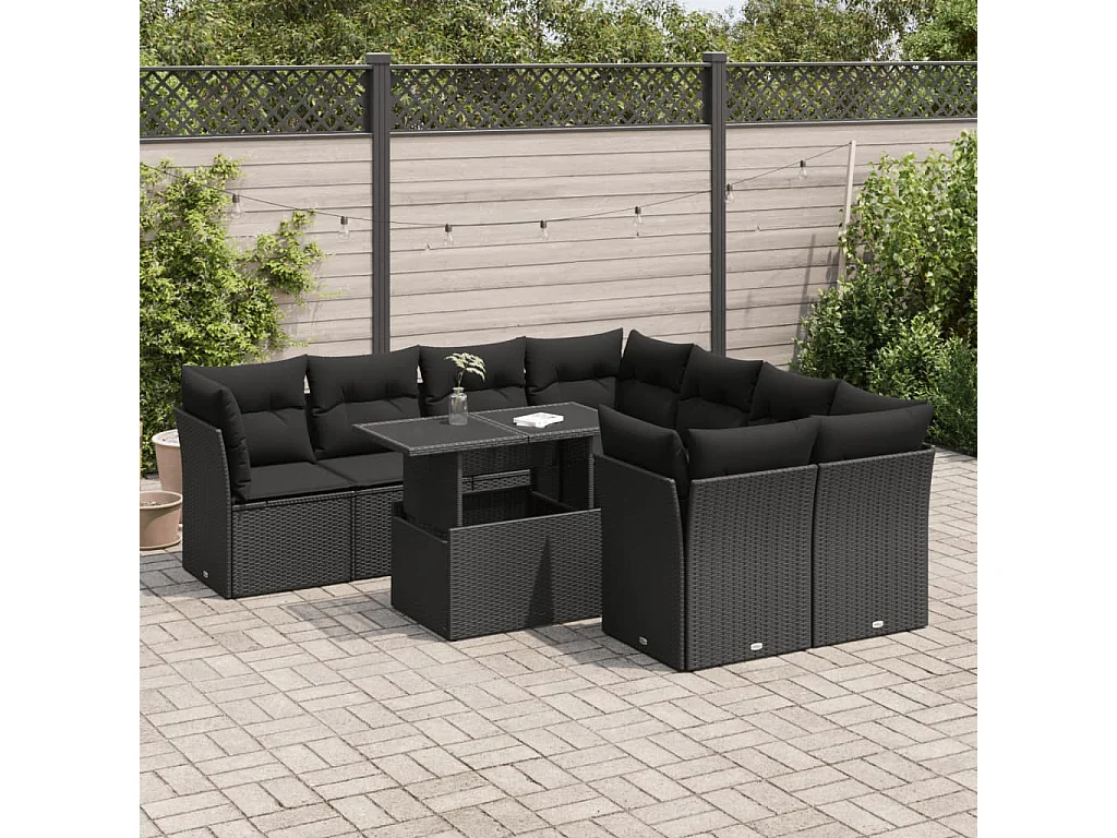 9-delige Loungeset met kussens poly rattan zwart