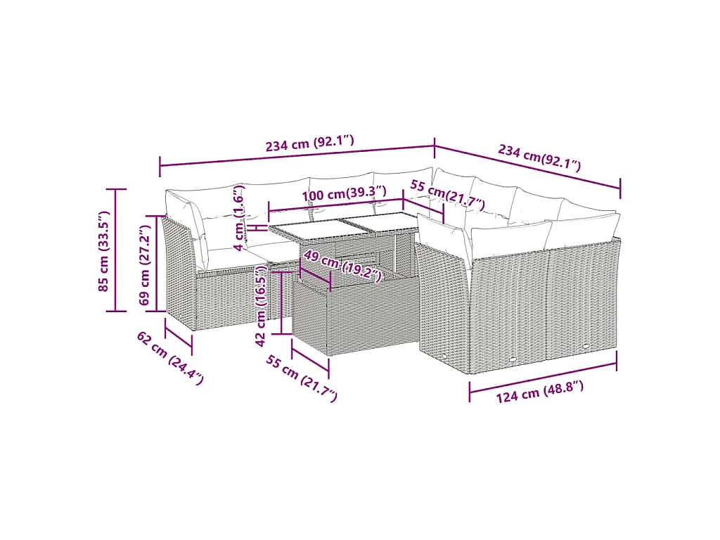9-delige Loungeset met kussens poly rattan zwart