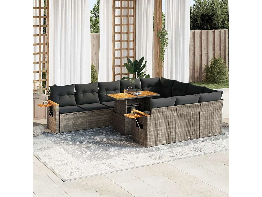 11-tlg. Garten-Sofagarnitur mit Kissen Grau Poly Rattan Akazie