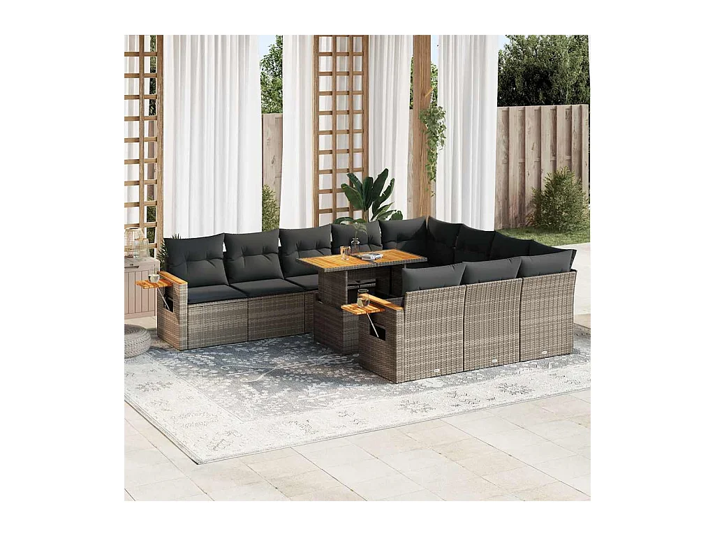 Ensemble de canapés de jardin 11 pcs et coussins rotin acacia