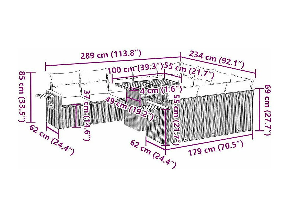 Ensemble de canapés de jardin 11 pcs et coussins rotin acacia