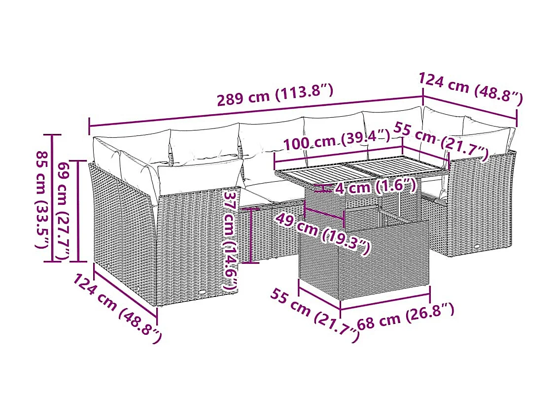 8-tlg. Garten-Sofagarnitur mit Kissen Grau Poly Rattan