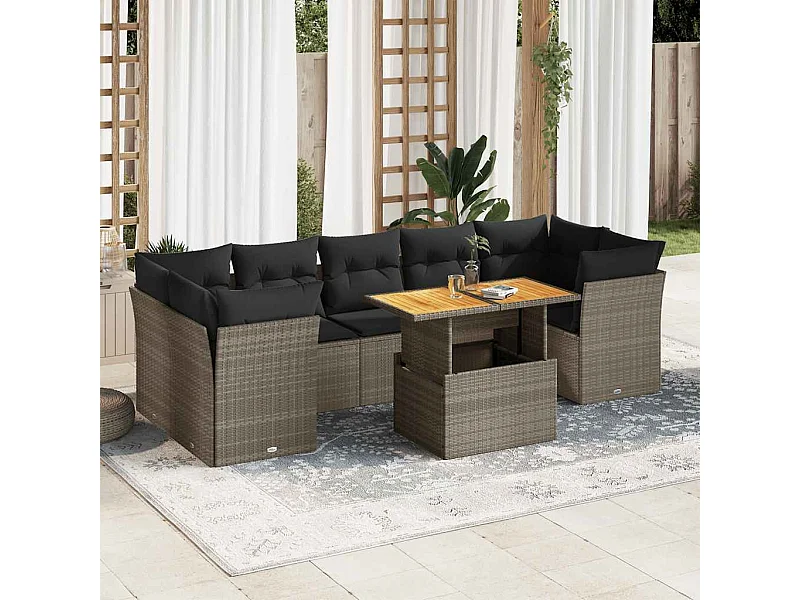 Salon de jardin 8 pcs avec coussins gris résine tressée