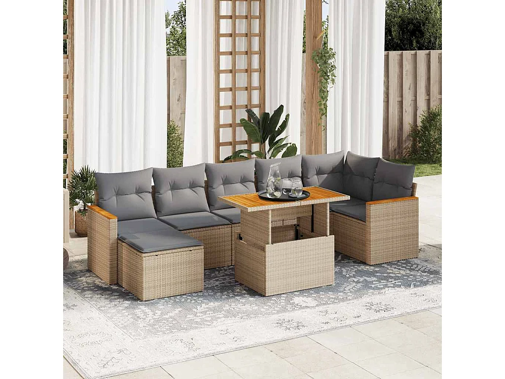 Salon de jardin avec coussins 8 pcs beige résine tressée acacia