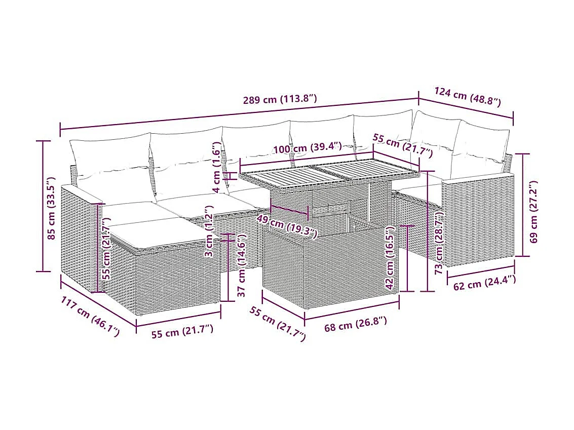 Salon de jardin avec coussins 8 pcs beige résine tressée acacia