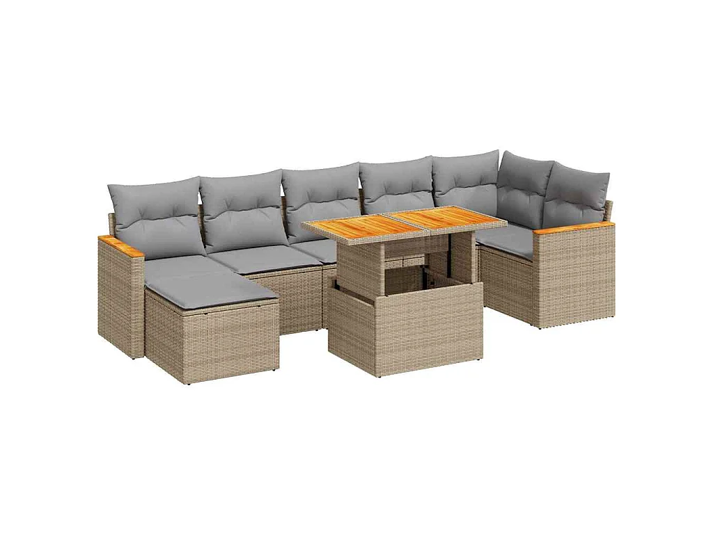Set Divano da Giardino 8 pz con Cuscini Beige Polyrattan Acacia