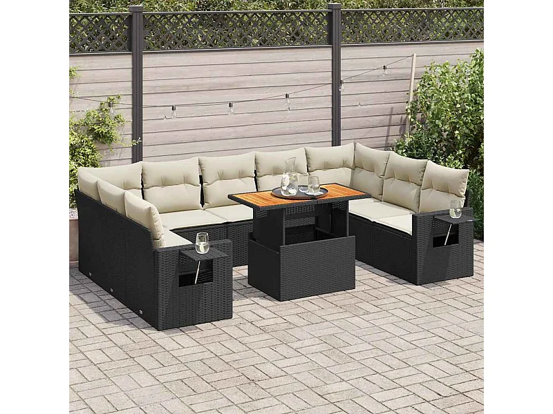 Set Divani da Giardino 10pz con Cuscini in Polyrattan Nero