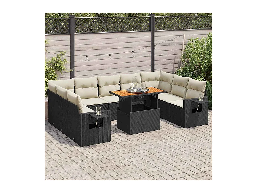 Salon de jardin 10 pcs avec coussins noir résine tressée